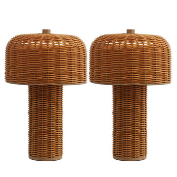 Mia 10" Modern Scandinavian Indoor/Outdoor Faux Wicker Rechargeable/Cordless Dimmable Integrated LED Table Lamp, Set of 2